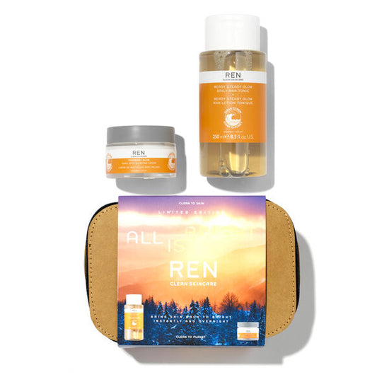 Ren All Is Bright Gift Set: Ready Steady Glow Daily AHA Tonic 250ml + Overnight Glow Dark Spot Sleeping Cream 50ml
