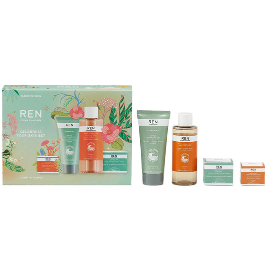Ren Celebrate Your Skin Gift Set: Evercalm Gentle Cleansing Gel 50ml + Ready Steady Glow Daily AHA Tonic 100ml + Brightening Dark Circle Eye Cream 5ml + Evercalm Global Protection Day Cream 15ml