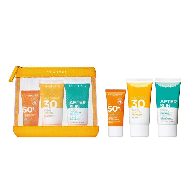 Clarins Essential Suncare Travel Set: Face Cream SPF50 + Body Cream SPF30 + After Shave Balm