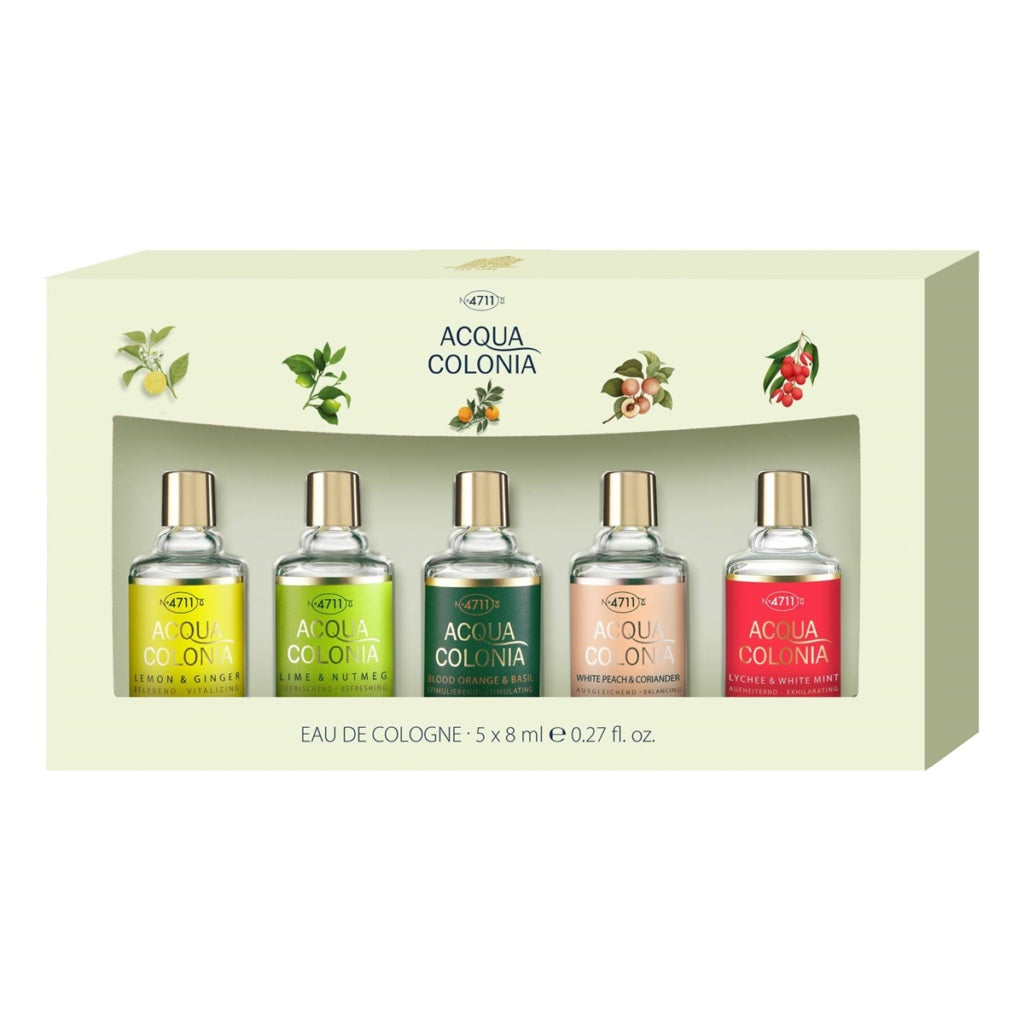 4711 Acqua Colonia 5 Piece Miniature Gift Set: Lychee & White Mint Eau de Cologne 8ml + White Peach & Coriander Eau de Cologne 8ml + Blood Orange & Basil Eau de Cologne 8ml + Lime & Nutmeg Eau de Cologne 8ml + Orange & Ginger Eau de Cologne 8ml
