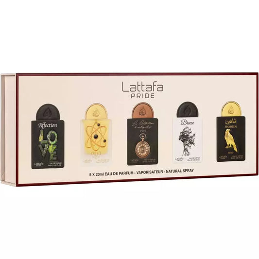 Lattafa Giftset Collection: 5 x 20ml Eau de Parfum Miniatures (Affection, Breeze, Tharwah Gold, Shaheen Gold & La Collection D'Antiquites)